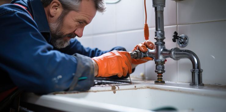 Wearing orange gloves, the person expertly repairs a kitchen sink faucet with a wrench, showcasing the art of drain repair.